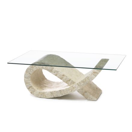 Konferenční stolek Fossil Stone s deskou z průhledného skla - Kansas Viadurini