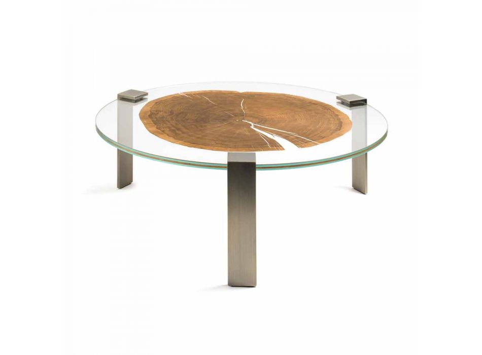 Konferenční stolek Low kulatý obývací pokoj se skleněnou a dřevěnou podlahu Buck Viadurini