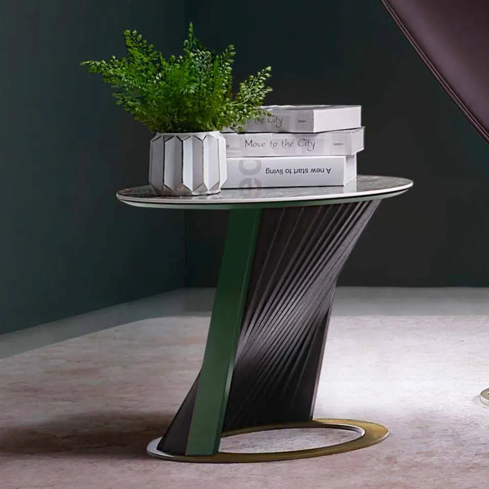 Kulatý designový konferenční stolek z kameniny a jasanu vyrobený v Itálii - Bering Viadurini