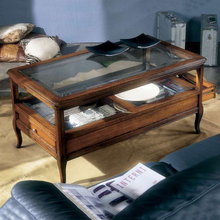 Konferenční stolek do obývacího pokoje se skleněnou deskou a 2 zásuvkami Made in Italy - Xipe Viadurini