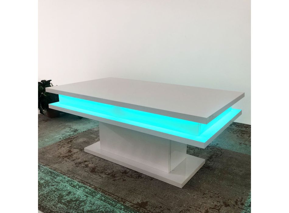 Lesklý bílý dřevěný konferenční stolek do obývacího pokoje s LED osvětlením nebo bez něj - Perro Viadurini