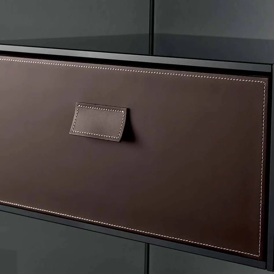 Odkládací stolek nebo noční stolek v kouřovém skle s koženou zásuvkou - Linzy Viadurini