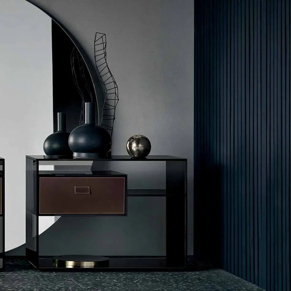 Odkládací stolek nebo noční stolek v kouřovém skle s koženou zásuvkou - Linzy Viadurini