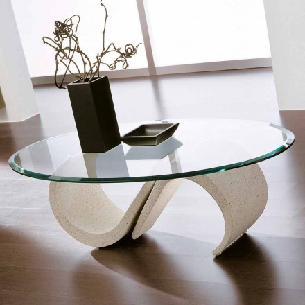 Oválný konferenční stolek ze zkoseného skla a syntetického mramoru vyrobený v Itálii - Barbera Viadurini