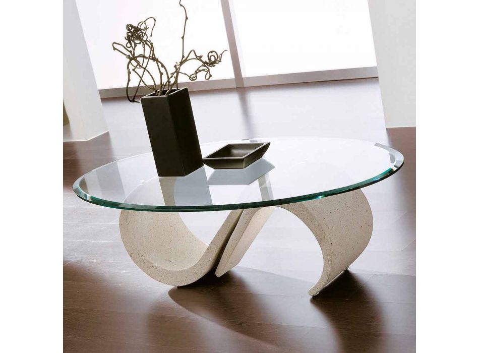 Oválný konferenční stolek ze zkoseného skla a syntetického mramoru vyrobený v Itálii - Barbera Viadurini