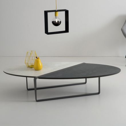 Oválný kovový konferenční stolek do obývacího pokoje a dvoubarevná keramická deska - Comacchio Viadurini