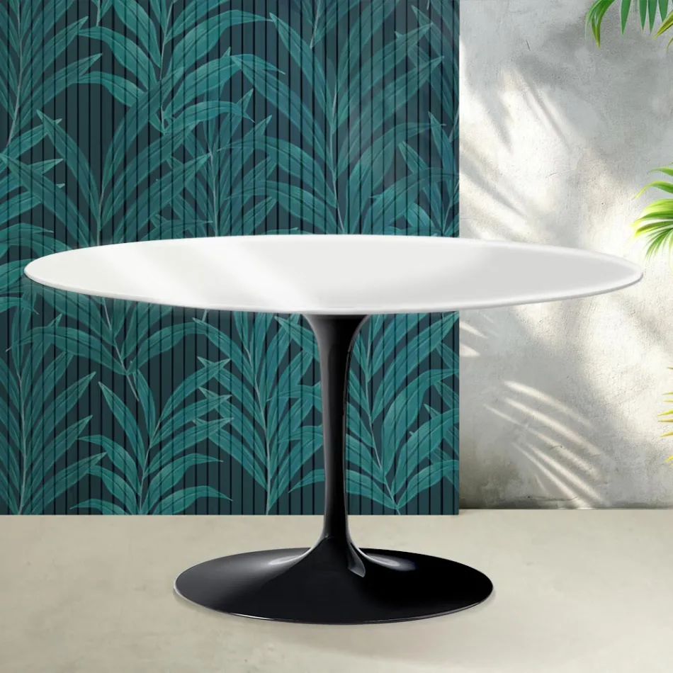 Konferenční stolek Saarinen Tulip oválný, výška 41 cm, lesklý bílý, keramika Florim - šarlatový Viadurini