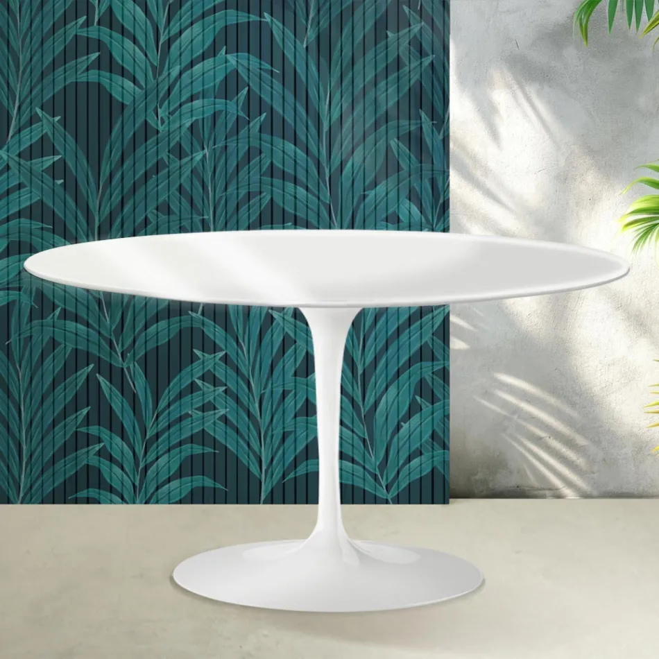 Konferenční stolek Saarinen Tulip oválný, výška 41 cm, lesklý bílý, keramika Florim - šarlatový Viadurini
