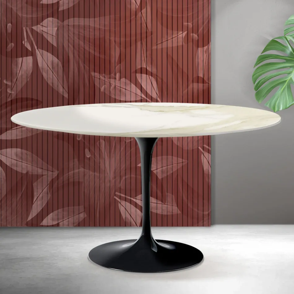 Konferenční stolek Saarinen Tulip oválný, výška 41 cm, keramika Florim Calacatta Gold Matt - Scarlet Viadurini