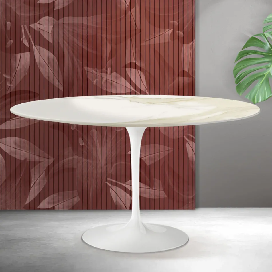 Konferenční stolek Saarinen Tulip oválný, výška 41 cm, keramika Florim Calacatta Gold Matt - Scarlet Viadurini