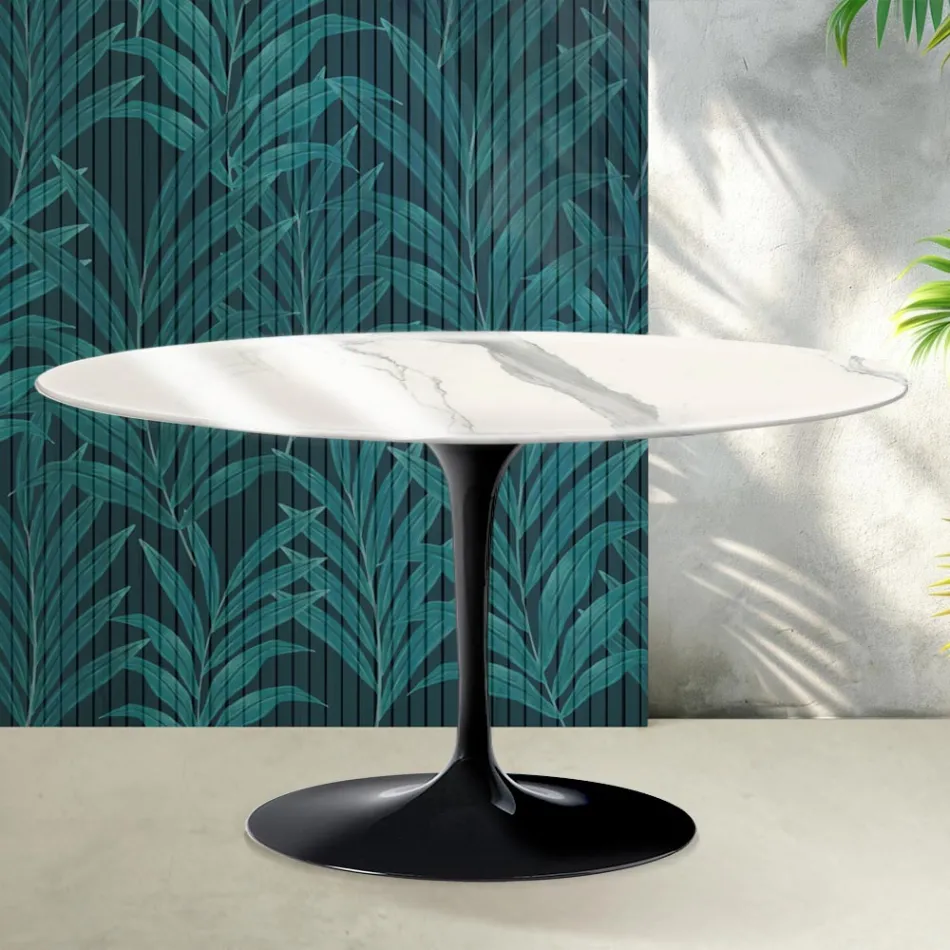 Konferenční stolek Saarinen Tulip oválný, výška 41 cm, lesklý keramický Statuario Florim - šarlatový Viadurini