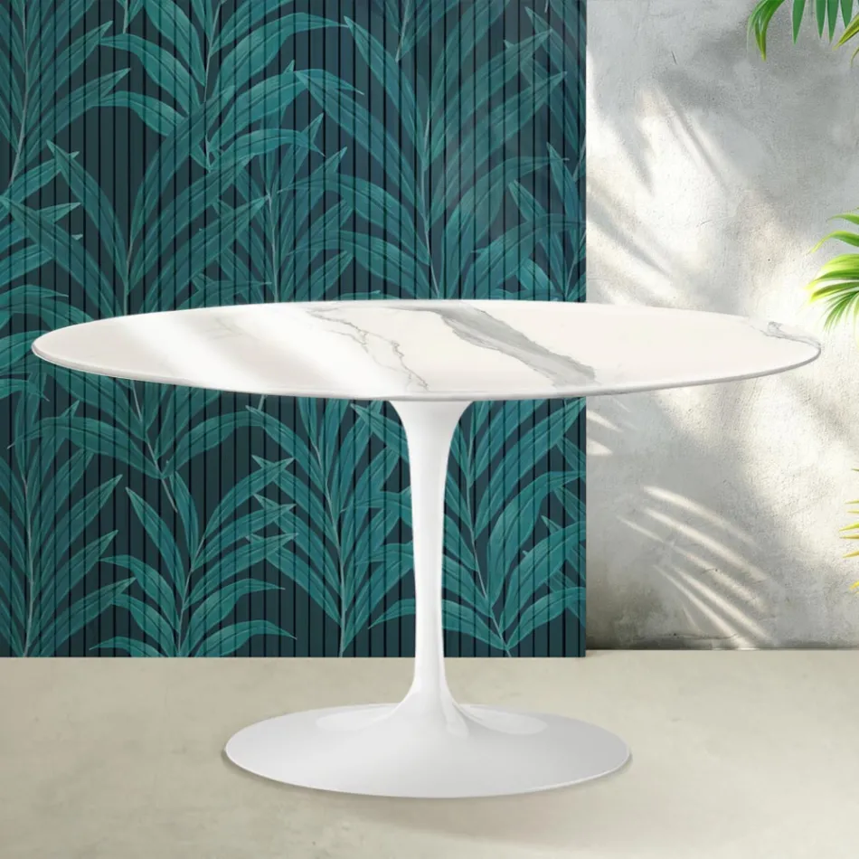 Konferenční stolek Saarinen Tulip oválný, výška 41 cm, lesklý keramický Statuario Florim - šarlatový Viadurini