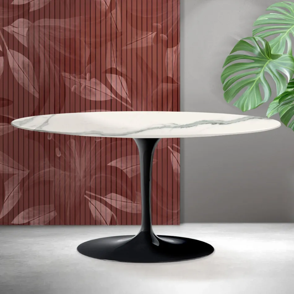 Konferenční stolek Saarinen Tulip oválný, výška 41 cm, keramika Florim Statuario matná - šarlatová Viadurini