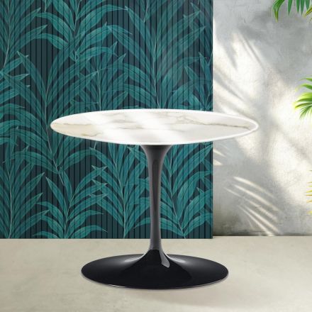 Konferenční stolek Saarinen Tulip kulatý, výška 41 cm, lesklý, zlatý, keramický Florim Calacatta - šarlatový Viadurini