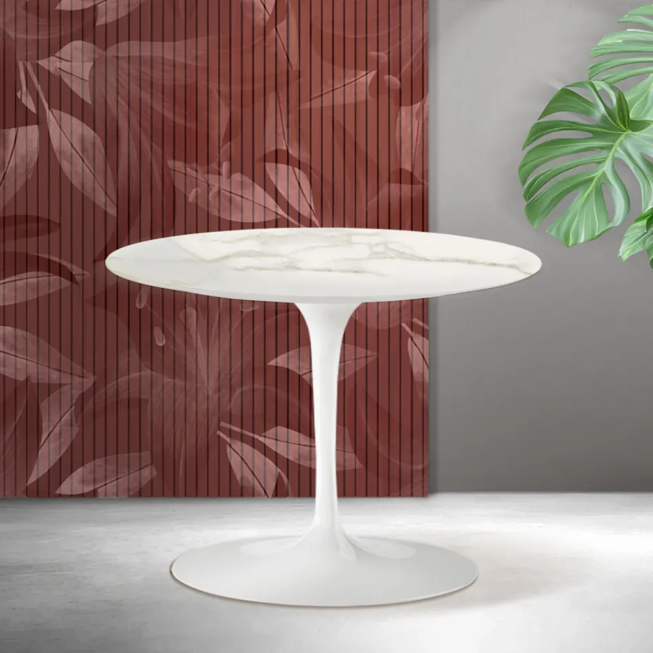 Konferenční stolek Saarinen Tulip kulatý, výška 41 cm, keramika Florim Calacatta zlatá matná - šarlatová Viadurini