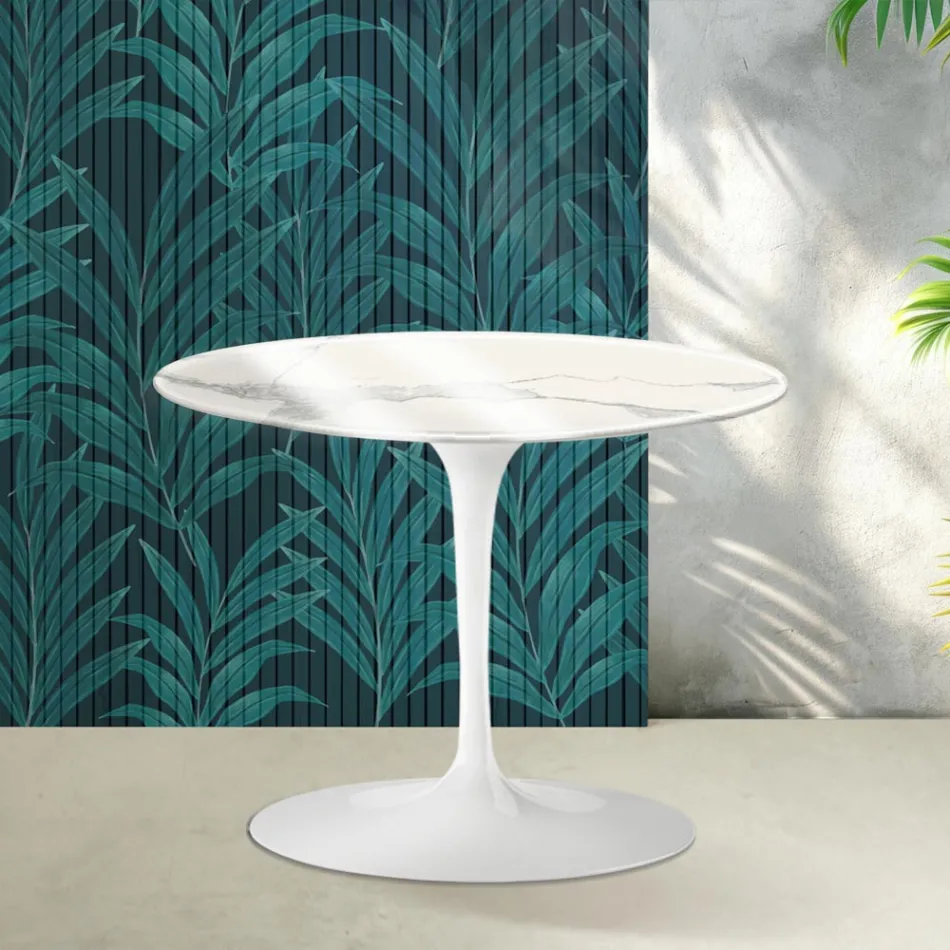 Konferenční stolek Saarinen Tulip kulatý, výška 41 cm, lesklý, keramický Statuario Florim - šarlatový Viadurini