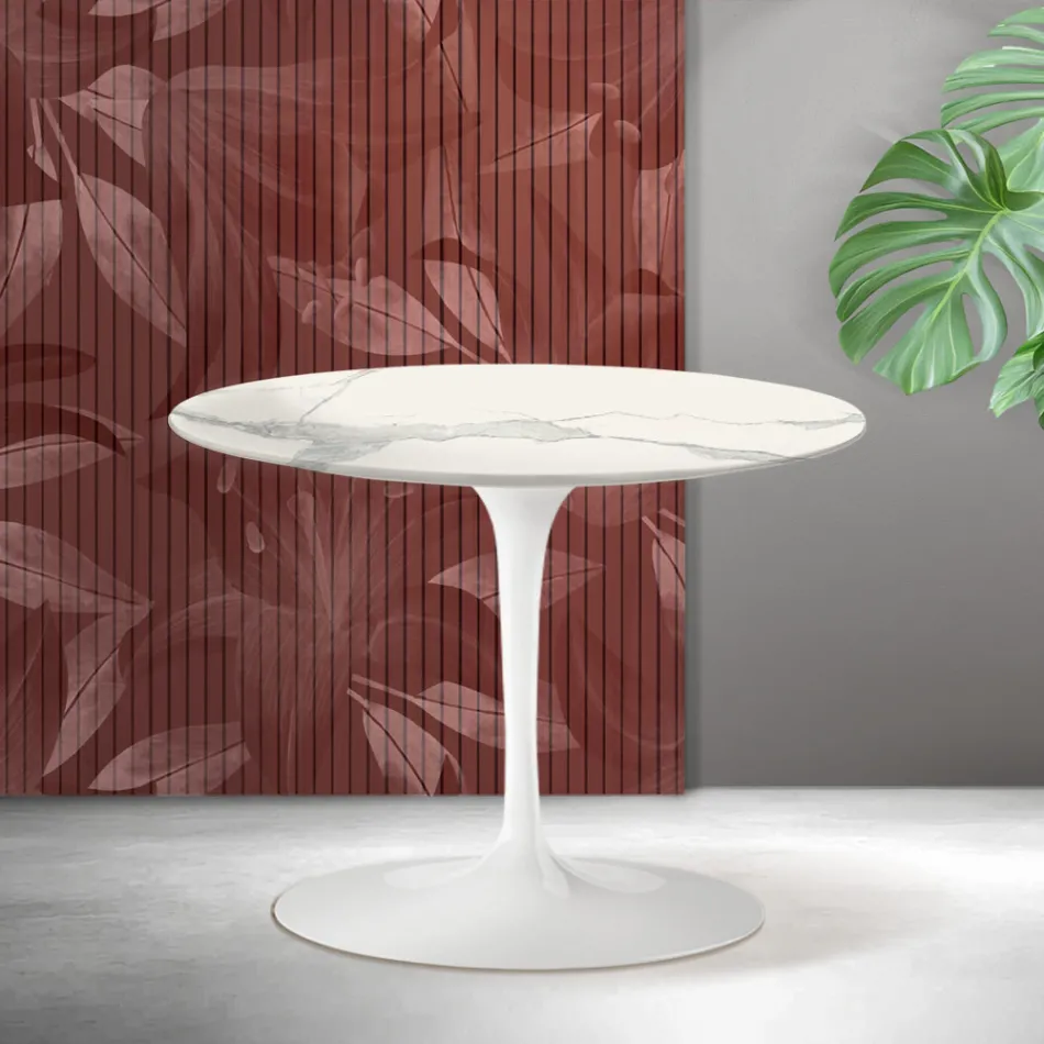Konferenční stolek Saarinen Tulip kulatý, výška 41 cm, keramika Florim Statuario matná - šarlatová Viadurini