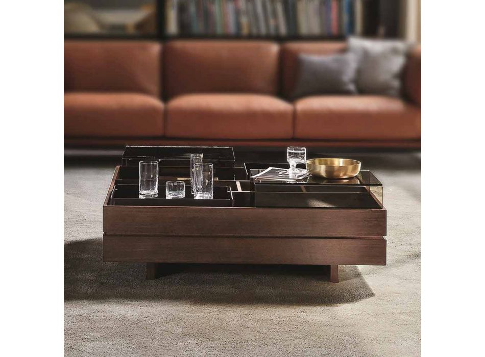 Konferenční stolek ze dřeva s detaily ze skla a kůže vyrobený v Itálii - Ermano Viadurini