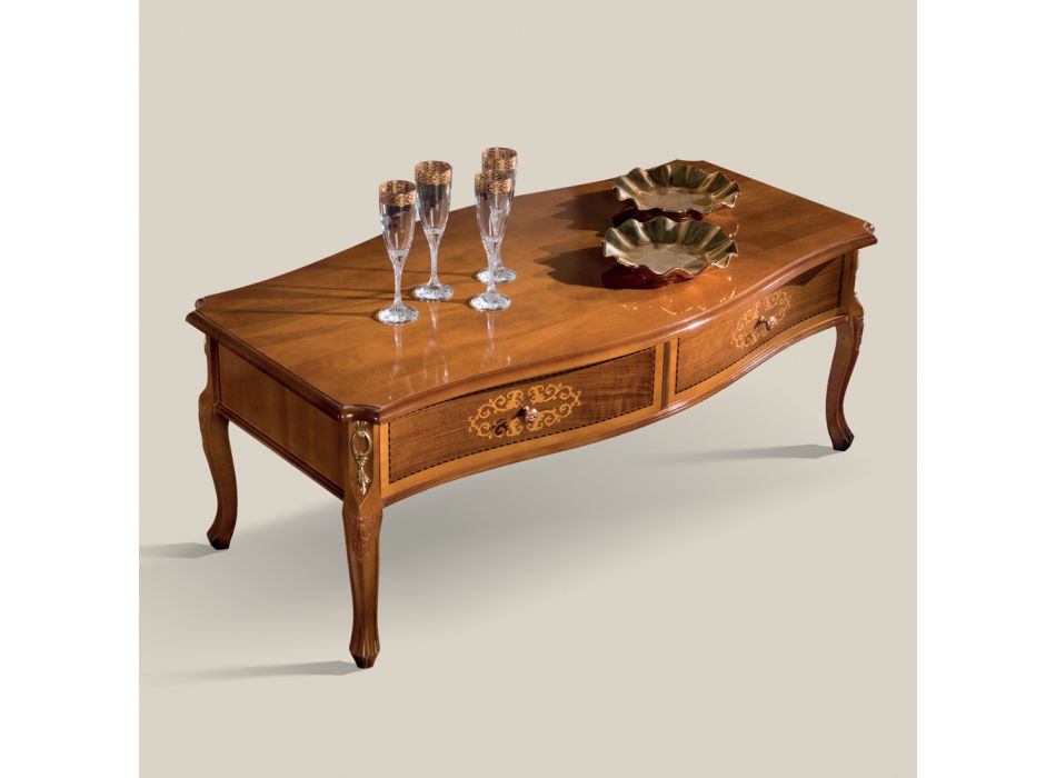 Intarzovaný dřevěný konferenční stolek se 2 zásuvkami Made in Italy - Katerine Viadurini