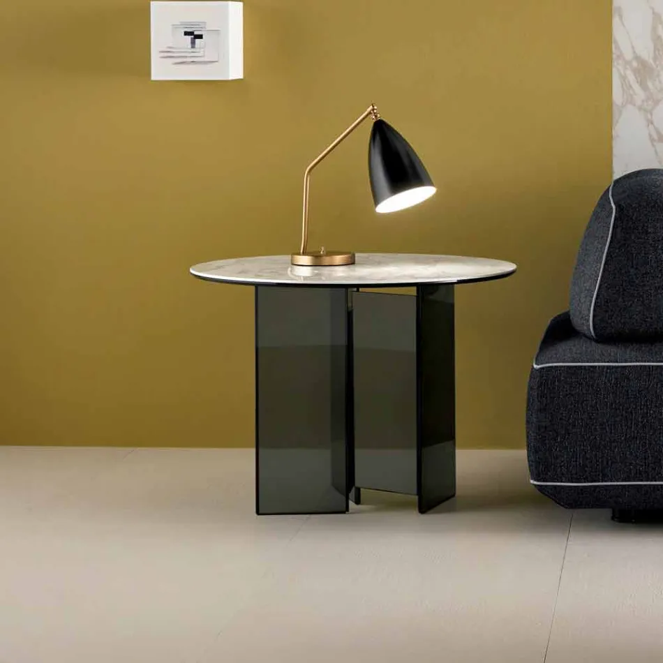 Konferenční stolek na pohovce v kouřovém skle a kulaté keramické desce - náhodně Viadurini