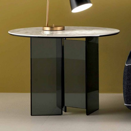 Konferenční stolek na pohovce v kouřovém skle a kulaté keramické desce - náhodně Viadurini