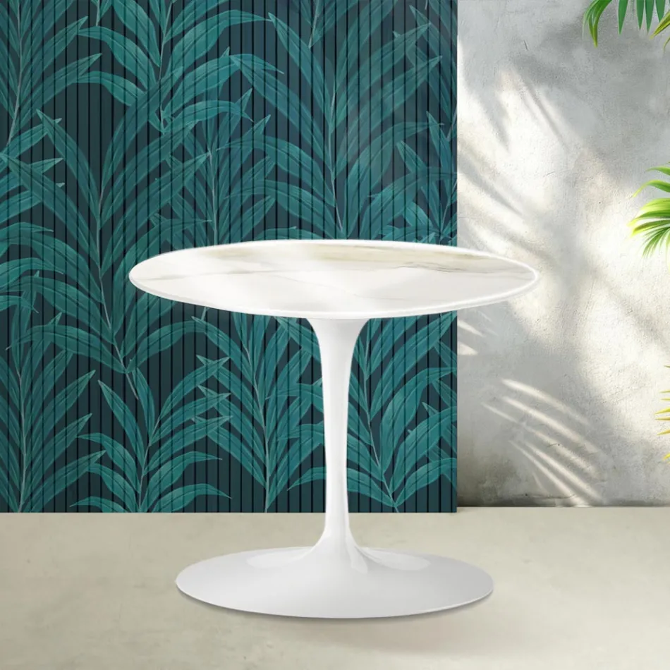 Konferenční stolek Saarinen Tulip, výška 39 cm, lesklá zlatá keramika Calacatta Florim - šarlatová Viadurini