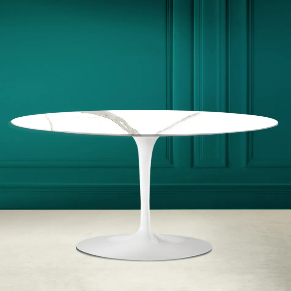 Tulip Saarinen oválný konferenční stolek H 41 v Calacatta Michelangelo Made in Italy - Scarlet Viadurini