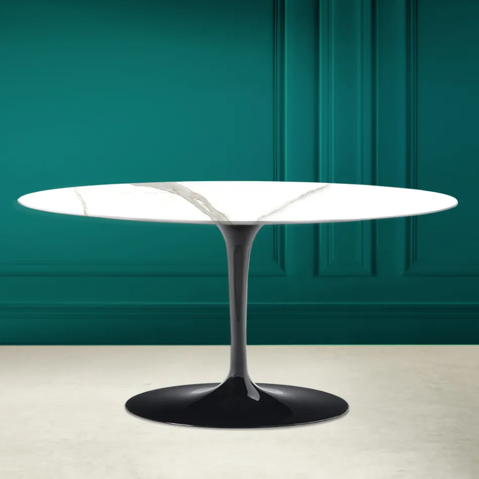 Tulip Saarinen oválný konferenční stolek H 41 v Calacatta Michelangelo Made in Italy - Scarlet Viadurini