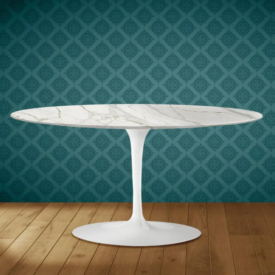 Konferenční stolek Saarinen Tulip, oválný, výška 41 cm, lesklá keramika, vyrobeno v Itálii - Scarlet Viadurini
