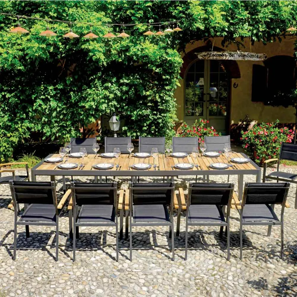 Rozkládací stůl na 300 cm s posuvnými nohami z hliníku a teaku - Felix Viadurini