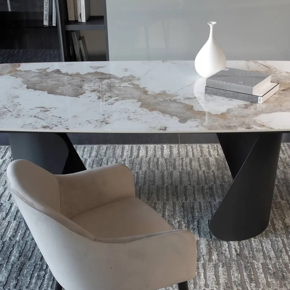 Rozkládací stůl 300 cm z kovu a desky ze slinutého kamene - Taviria Viadurini