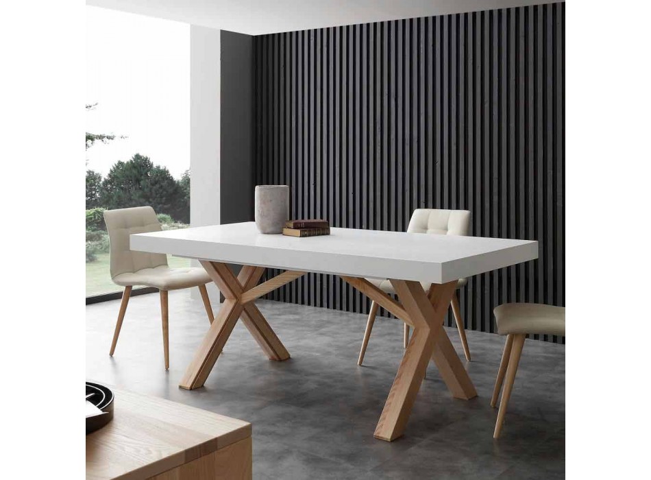 Bílý výsuvný stůl s přírodní pevná konstrukce Rico Viadurini