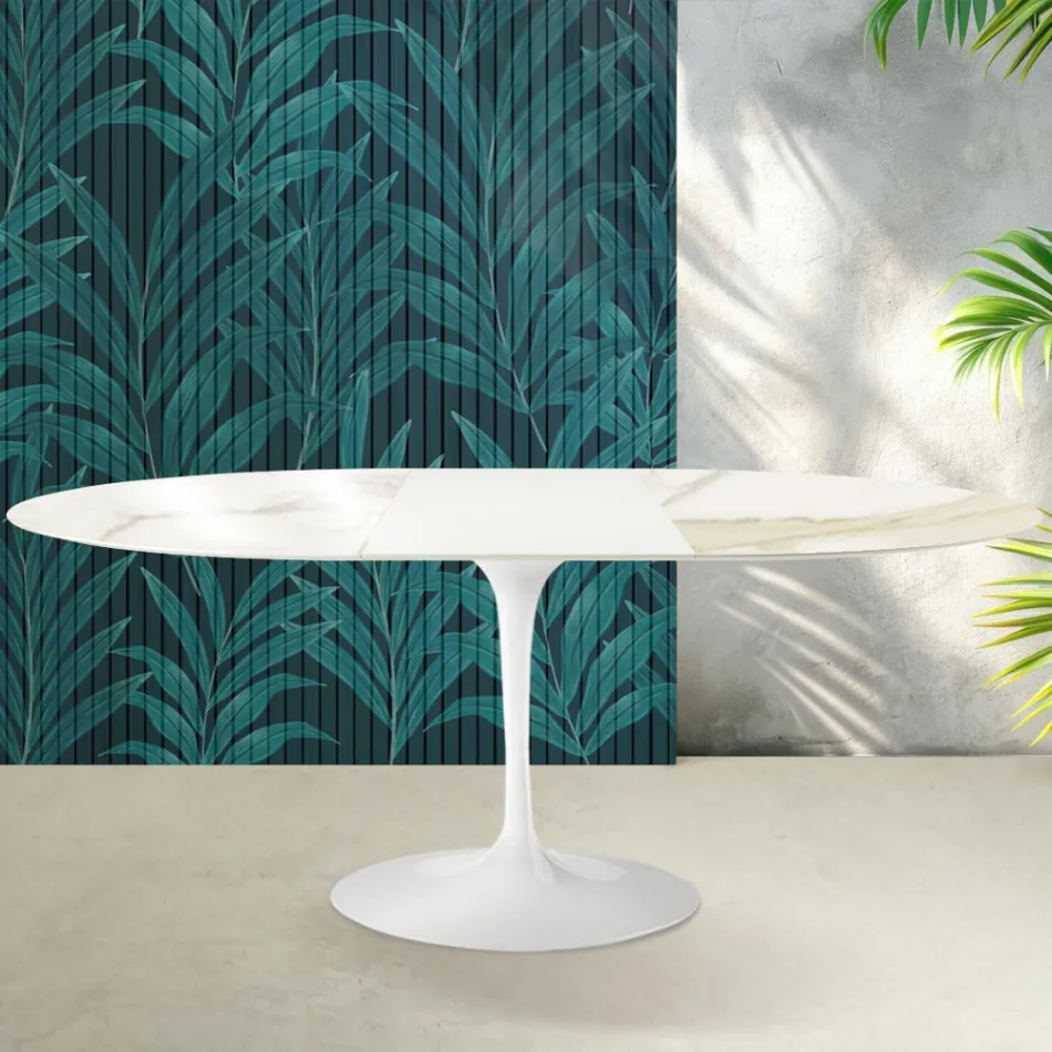 Rozkládací stůl Saarinen Tulip V 74 cm, keramika Florim Calacatta Gold Gloss - Scarlet Viadurini