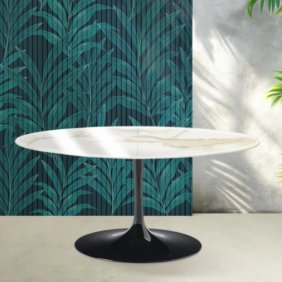 Rozkládací stůl Saarinen Tulip V 74 cm, keramika Florim Calacatta Gold Gloss - Scarlet Viadurini