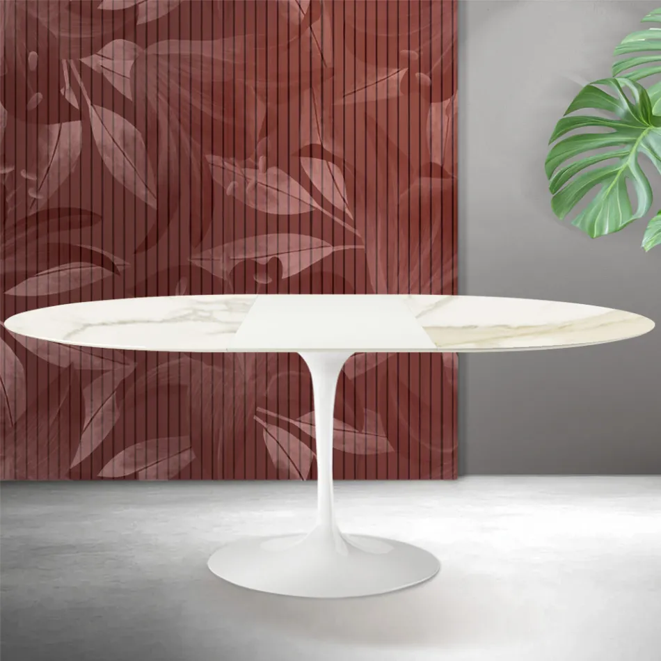 Rozkládací stůl Saarinen Tulip V 74 cm, keramika Florim Calacatta Gold Matt - Scarlet Viadurini
