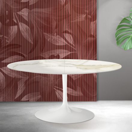 Rozkládací stůl Saarinen Tulip V 74 cm, keramika Florim Calacatta Gold Matt - Scarlet Viadurini