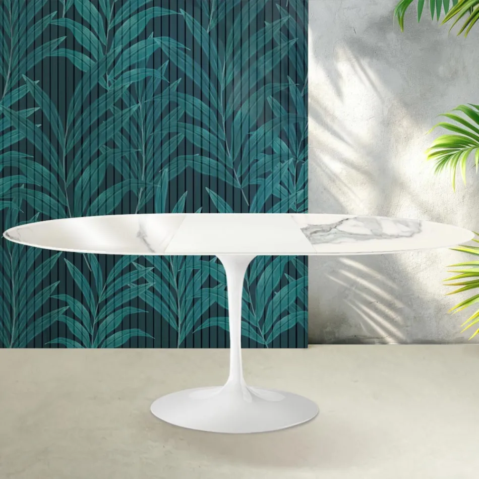 Rozkládací stůl Saarinen Tulip V 74 cm, lesklý keramický Statuario Florim - šarlatový Viadurini