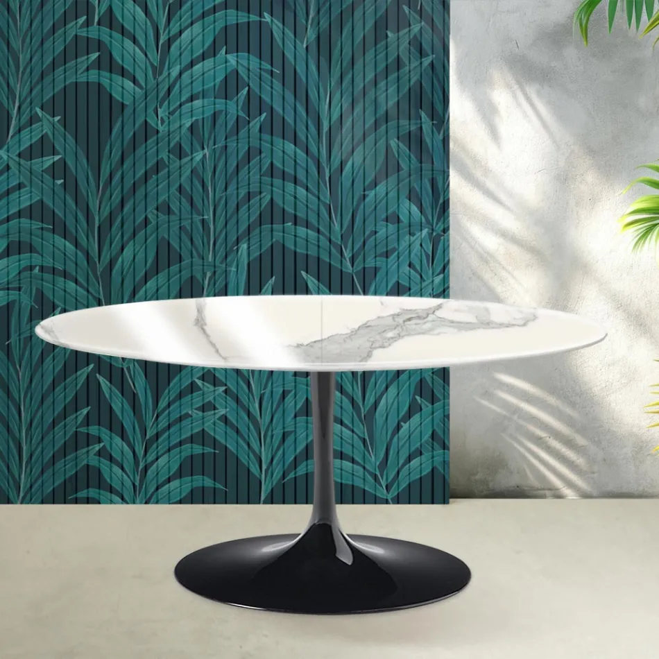 Rozkládací stůl Saarinen Tulip V 74 cm, lesklý keramický Statuario Florim - šarlatový Viadurini