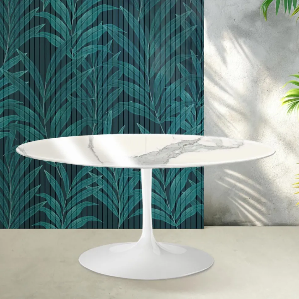 Rozkládací stůl Saarinen Tulip V 74 cm, lesklý keramický Statuario Florim - šarlatový Viadurini