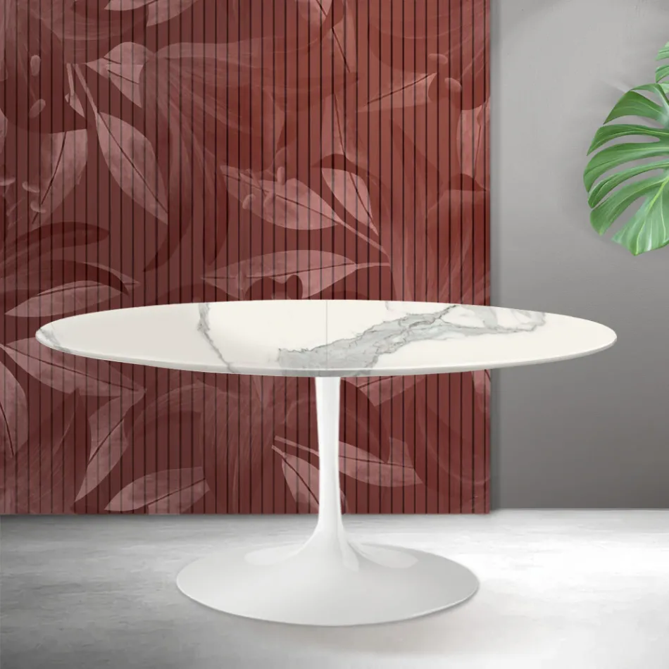 Rozkládací stůl Saarinen Tulip V 74 cm z matné keramiky Florim Statuario - šarlatová Viadurini
