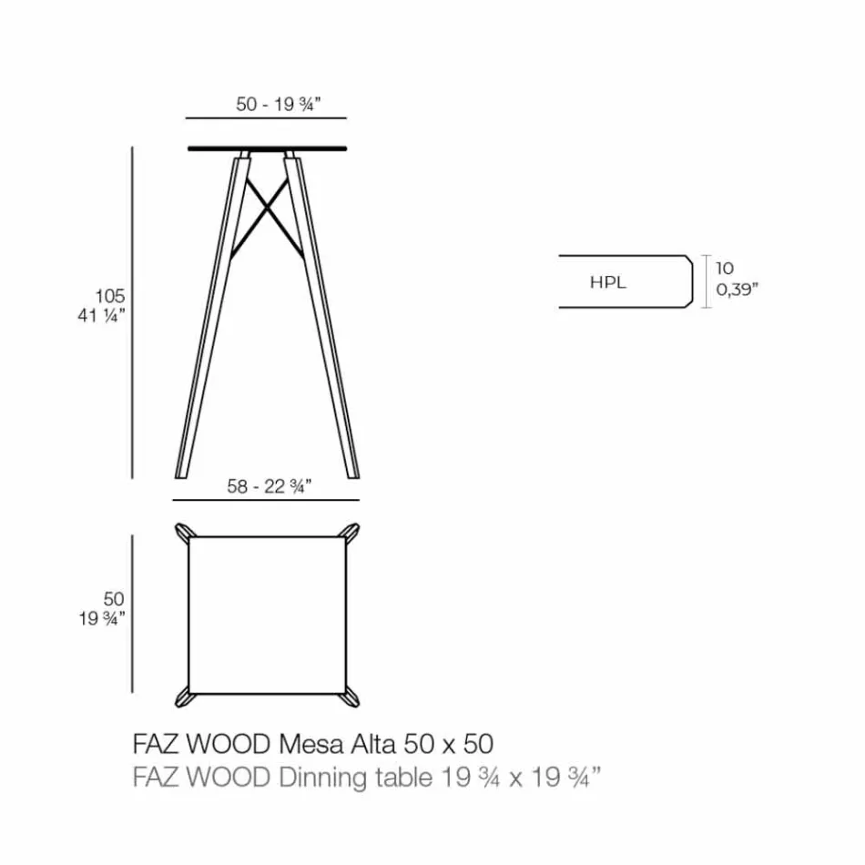 Čtvercový designový vysoký barový stůl ze dřeva a HPL, 4 kusy - dřevo Faz od společnosti Vondom Viadurini