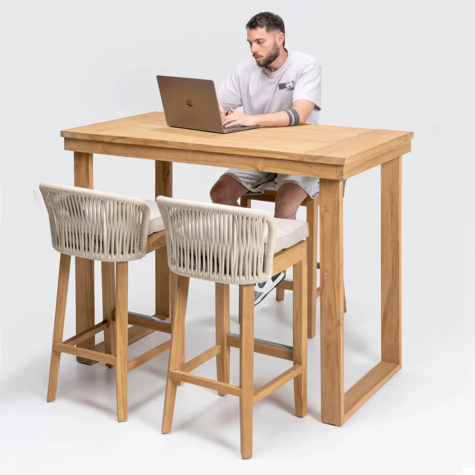 Vysoký barový stůl z kartáčovaného přírodního teaku - Sponda Viadurini