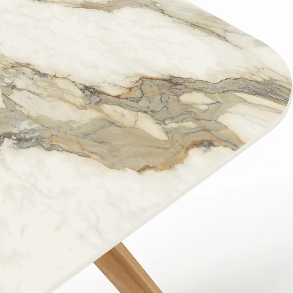 Stůl s dřevěnou základnou a keramickou deskou Calacatta Hermitage - Infinity Viadurini
