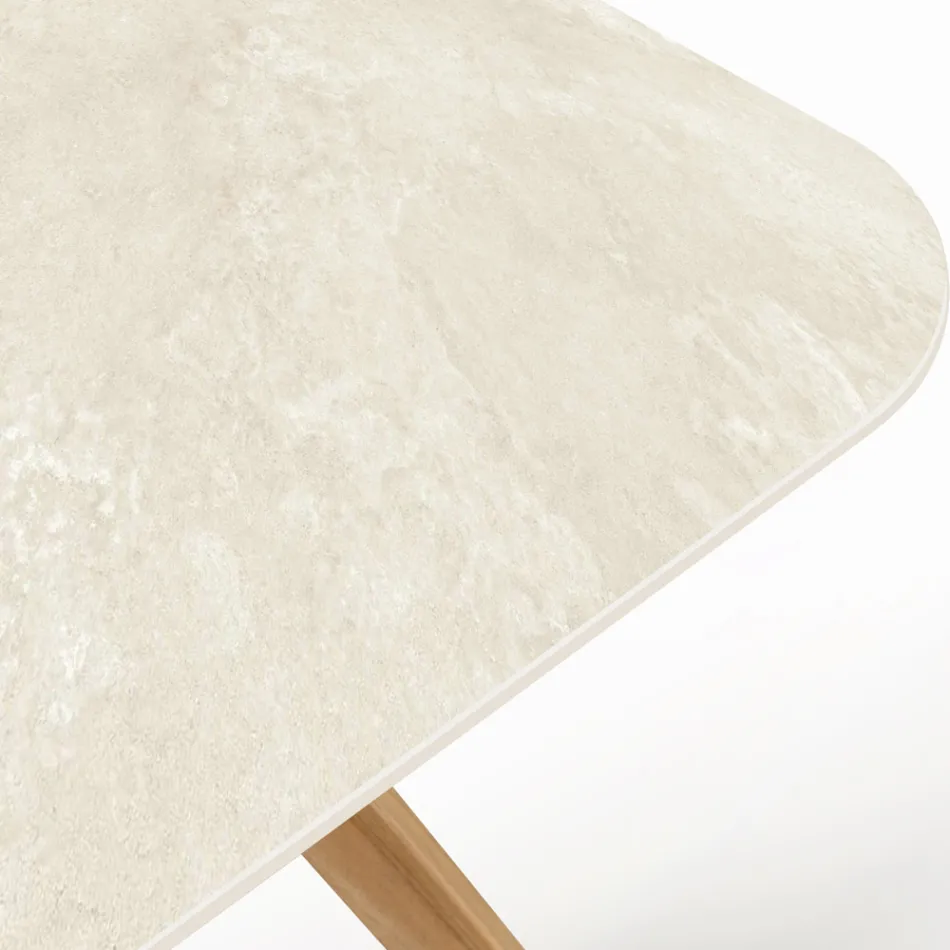 Stůl s dřevěnou základnou a keramickou deskou Chianca od Ostuni - Infinity Viadurini