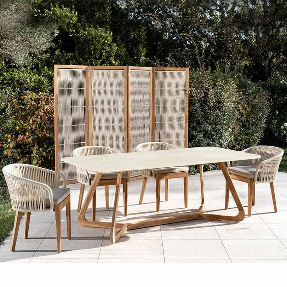 Stůl s dřevěnou základnou a keramickou deskou Chianca od Ostuni - Infinity Viadurini