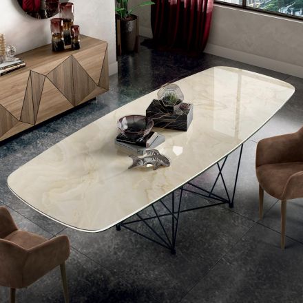 Stůl s keramickou deskou ve tvaru soudku a ocelovou základnou Made in Italy - Ezzellino Viadurini