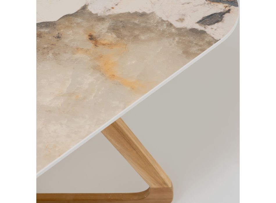 Stůl s keramickou deskou a masivním teakovým podstavcem Made in Italy - Halenka Viadurini