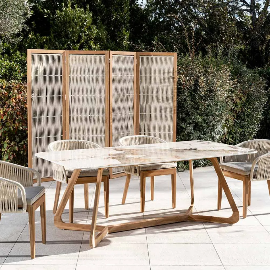 Stůl s keramickou deskou a masivním teakovým podstavcem Made in Italy - Halenka Viadurini