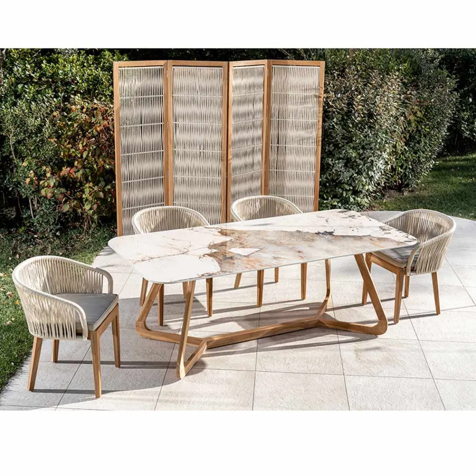 Stůl s keramickou deskou a masivním teakovým podstavcem Made in Italy - Halenka Viadurini