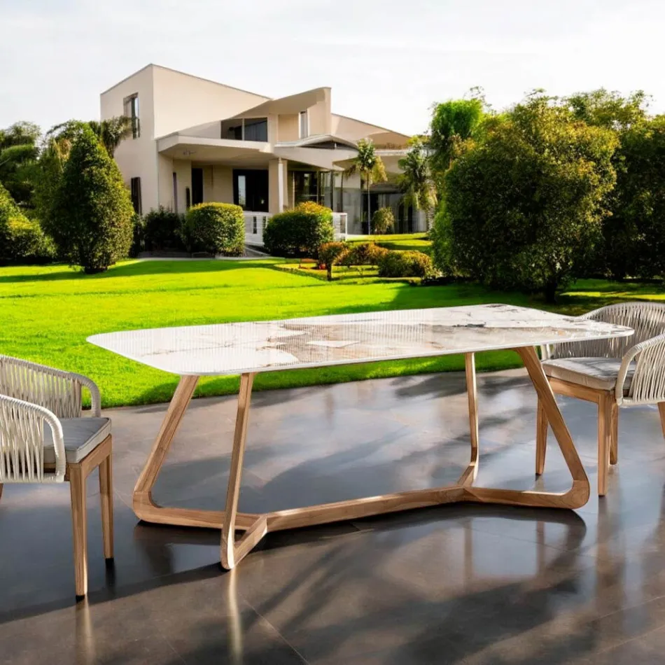 Stůl s keramickou deskou a masivním teakovým podstavcem Made in Italy - Halenka Viadurini